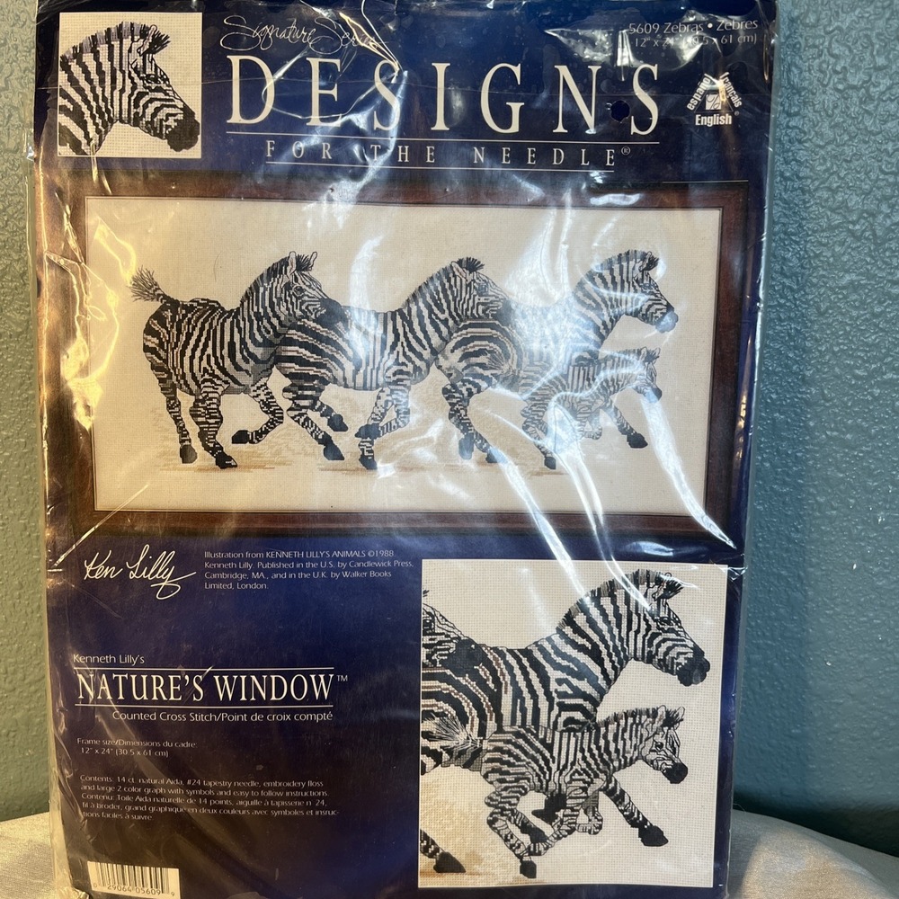 Vtg Designs For The Needle Zebra Cross Stitch Kit 5609 Ken Lilly Nature's Window